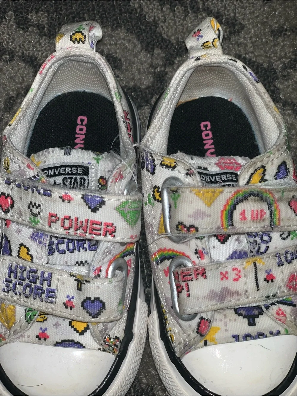 Kids White Canvas Velcro Sneakers with Colorful Pixel Graphics